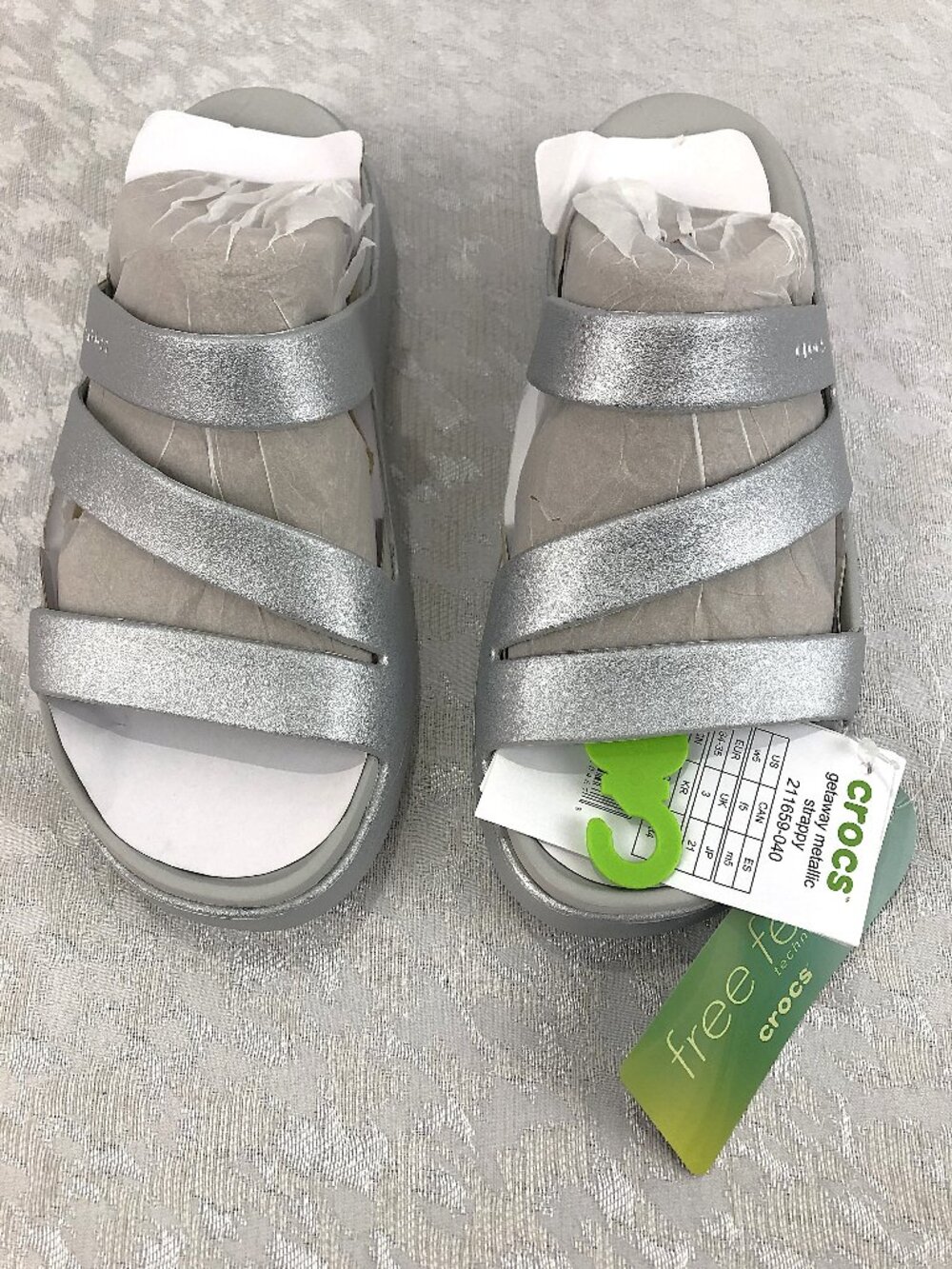 Crocs Getaway Silver Metallic Strappy Sandals Women's Size 5 NWT